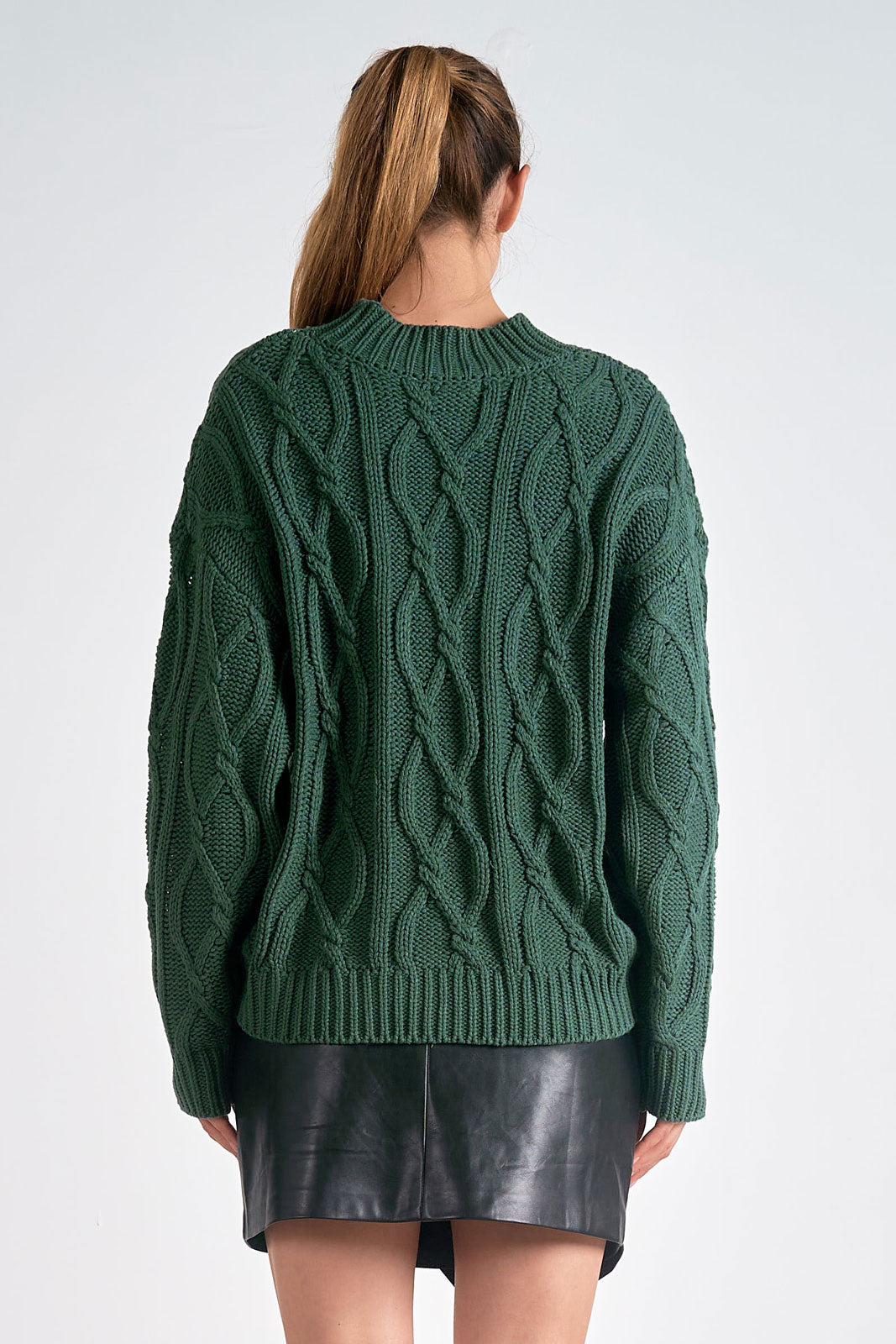 Crewneck Sweater Cable Knit Dark Green