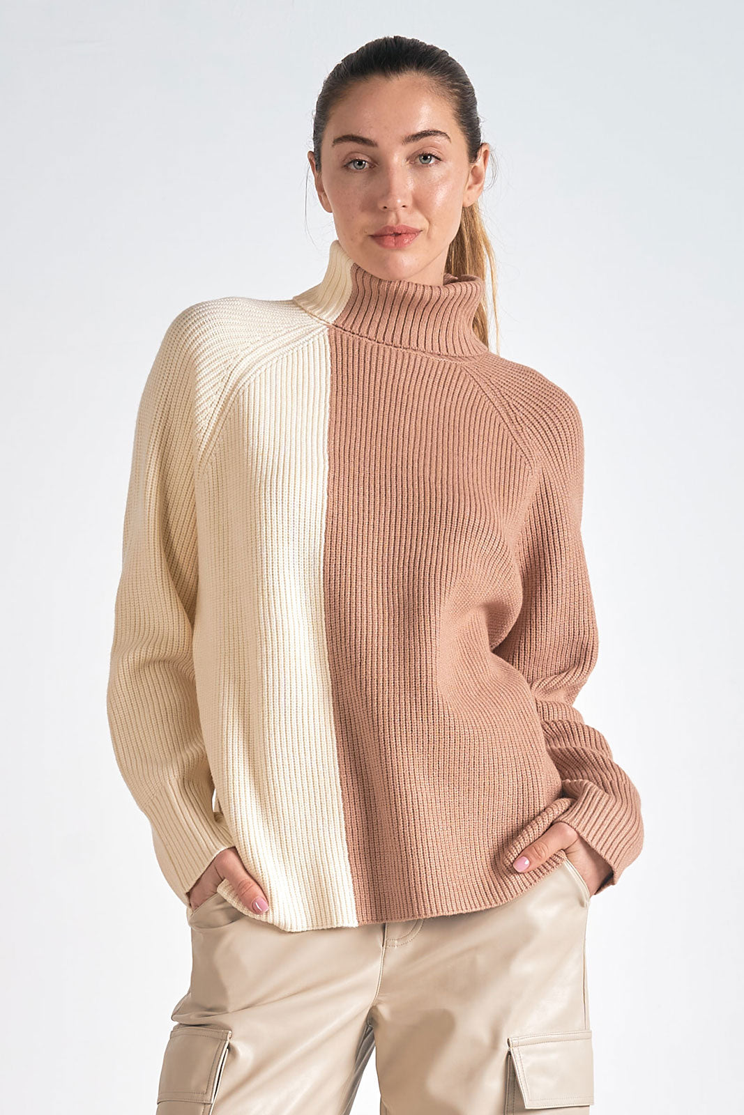 White Beige Color Block Turtle Neck Sweater