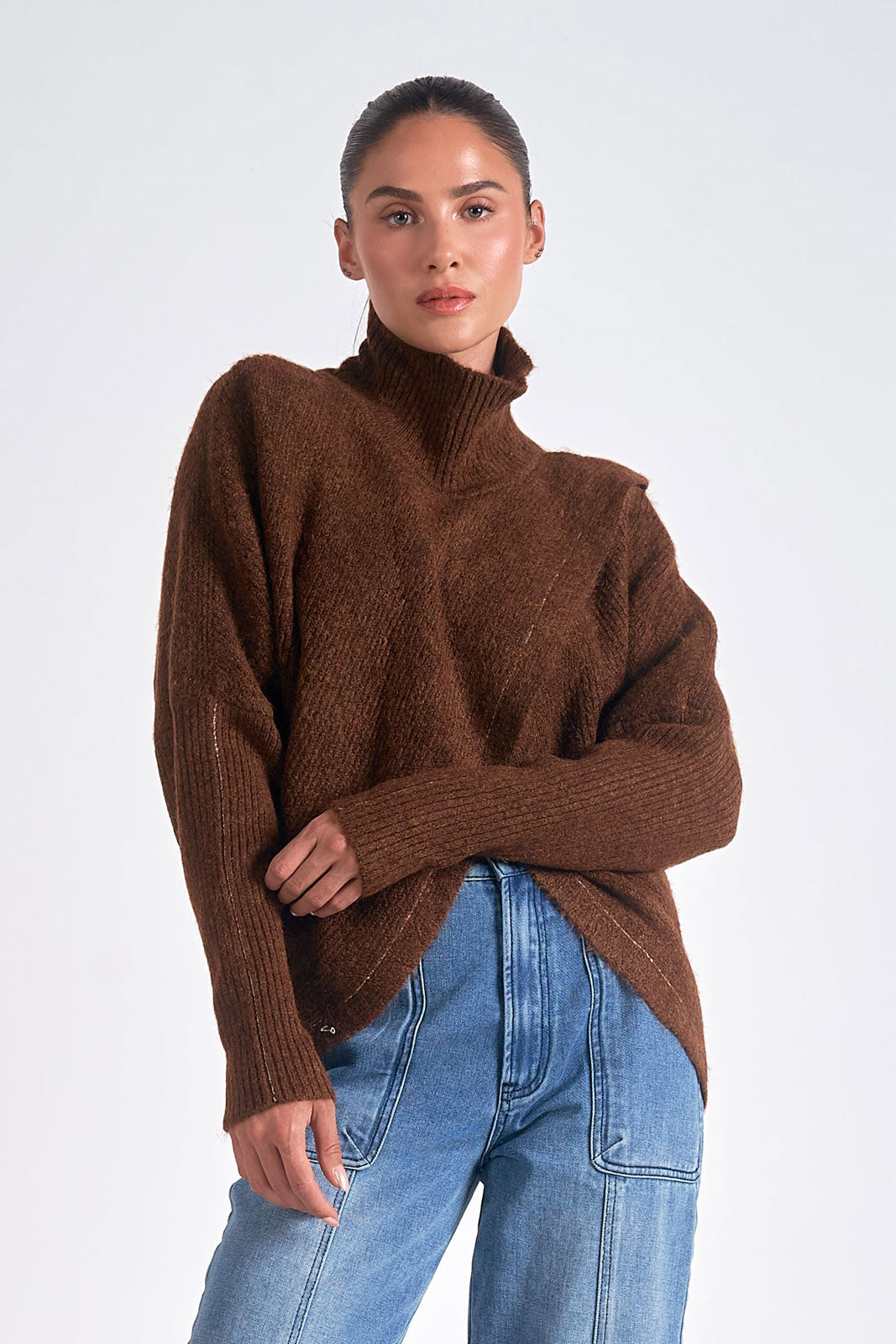 Turtleneck Sweater With Cross Front Dark Tan