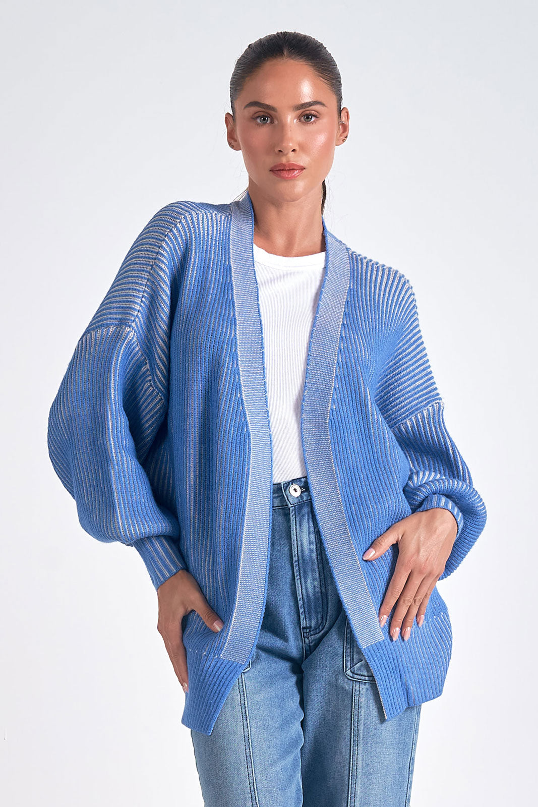 Cardigan Sweater Ribbed Blue/ Off White