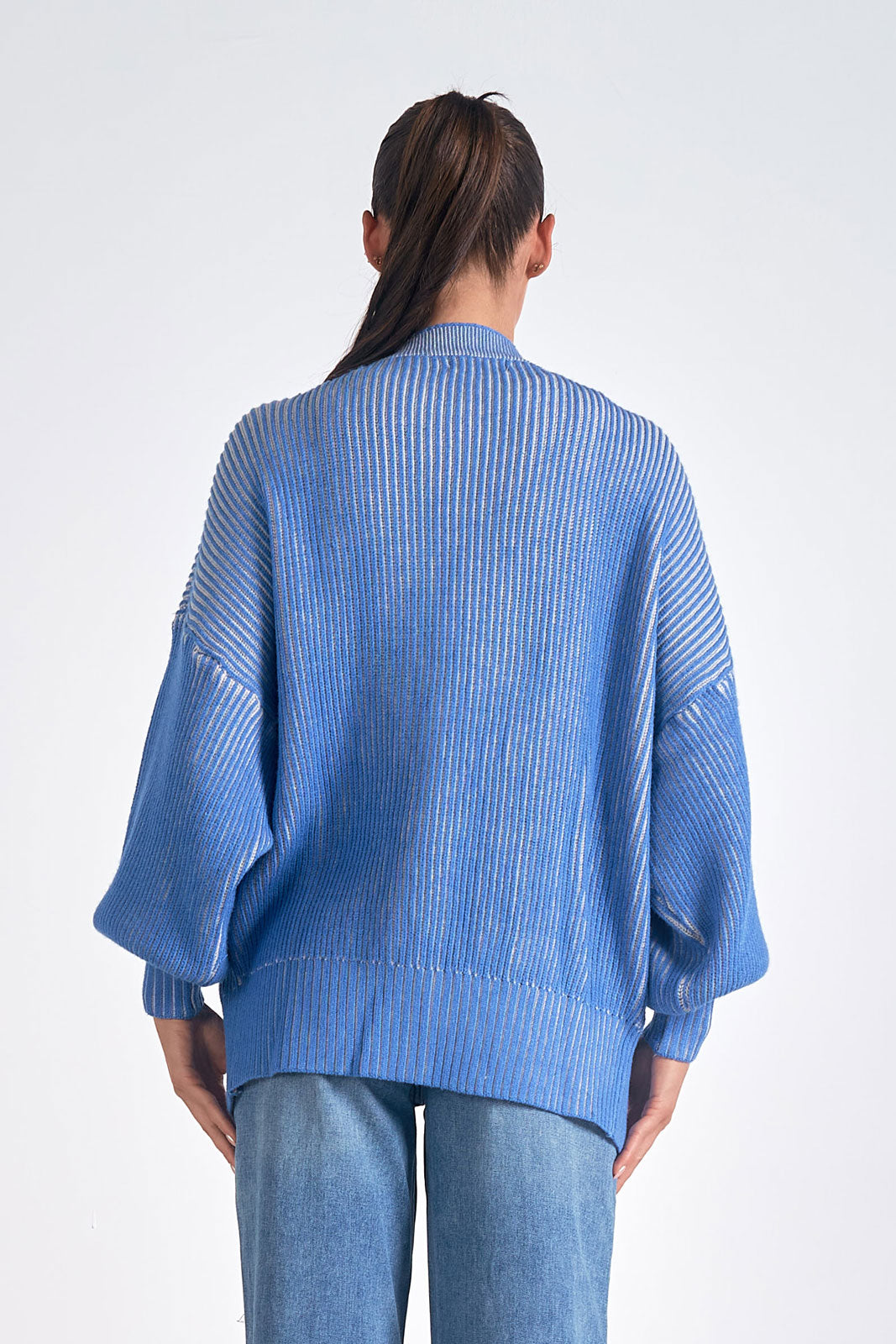 Cardigan Sweater Ribbed Blue/ Off White