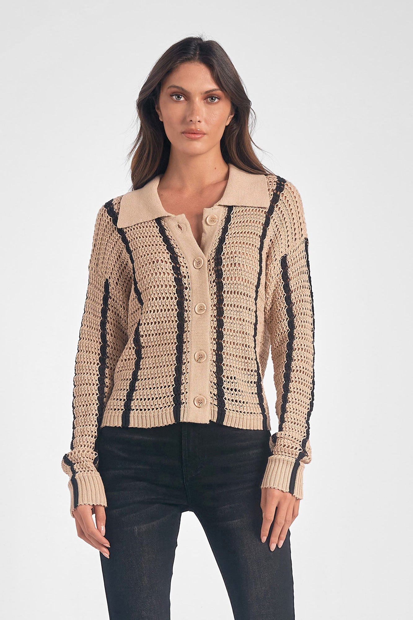 Button Down Sweater V-Neck Tan