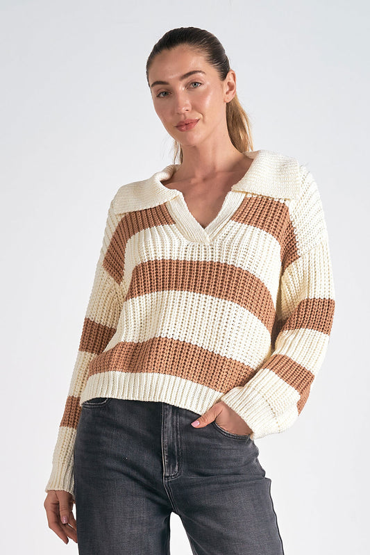 Oversized V-Neck Sweater Camel/White