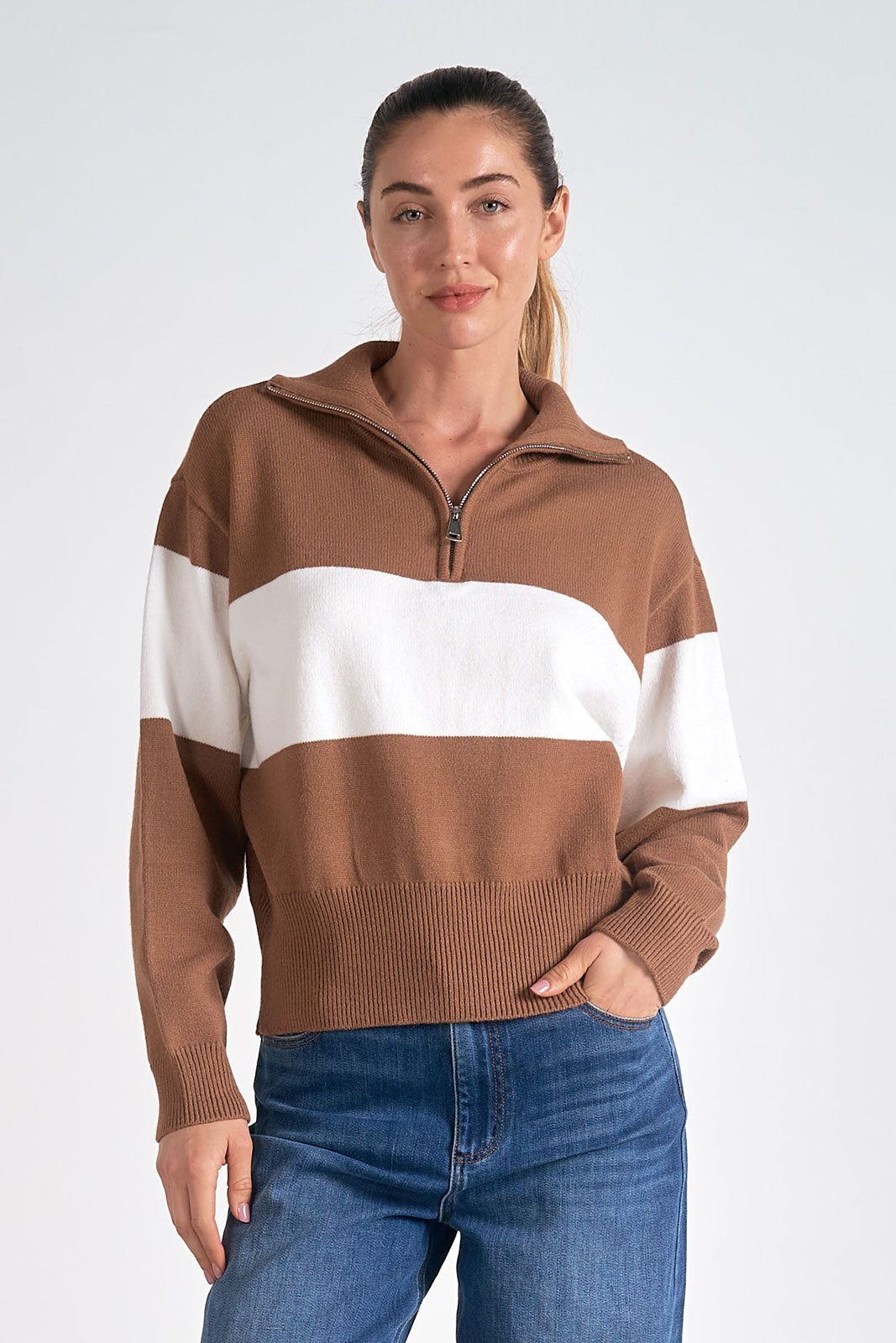 Tan and White Stripe Quarter Zip Pull Over Sweater