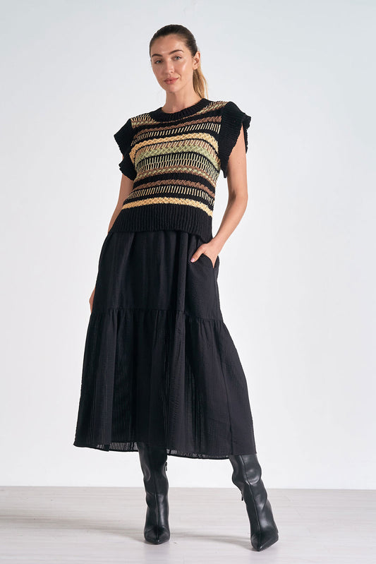 Black/Knit Top Midi Crew Neck Woven Top Dress