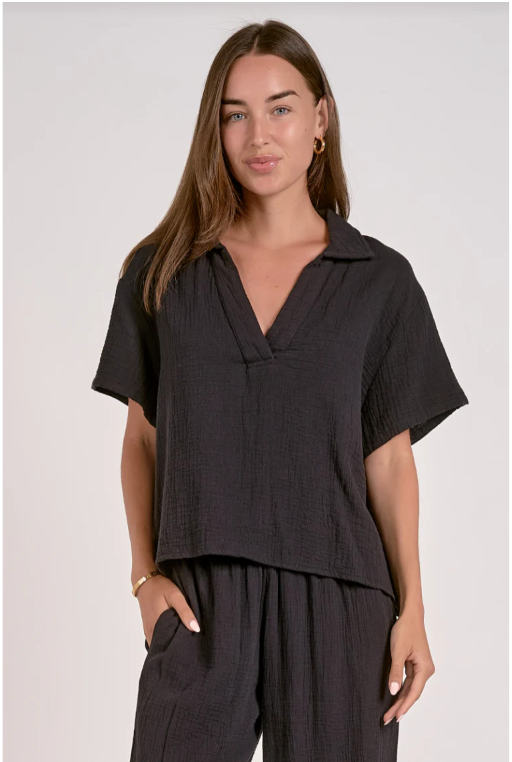 Polo Collar Gauze V-neck Black Top