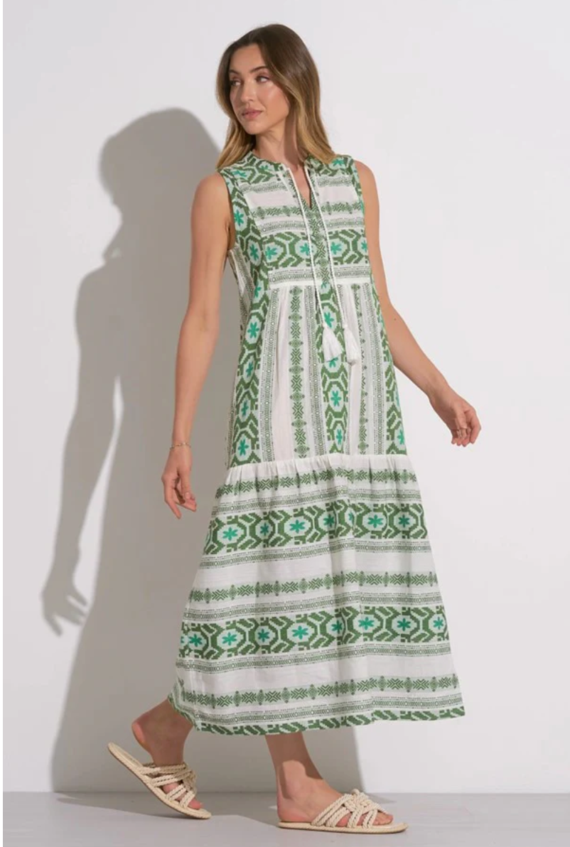 Green and White Printed Maxi Dress