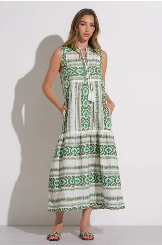 Green and White Printed Maxi Dress