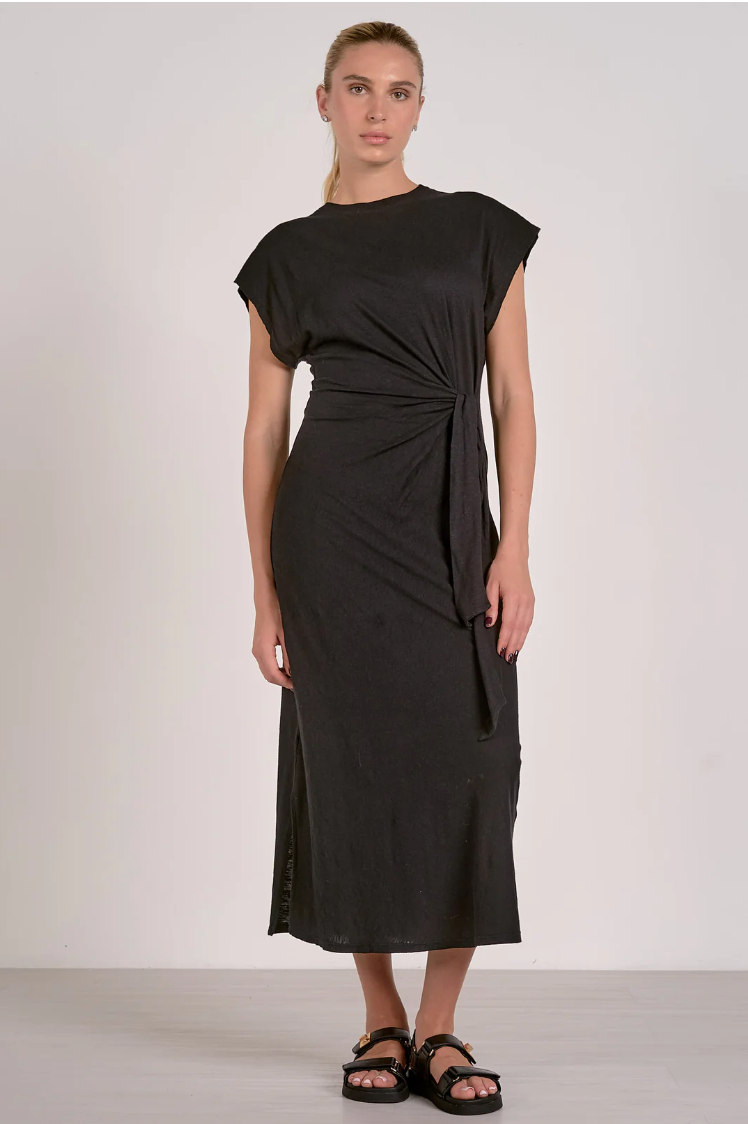 Black Cap Sleeve Midi Dress with Side Tie
