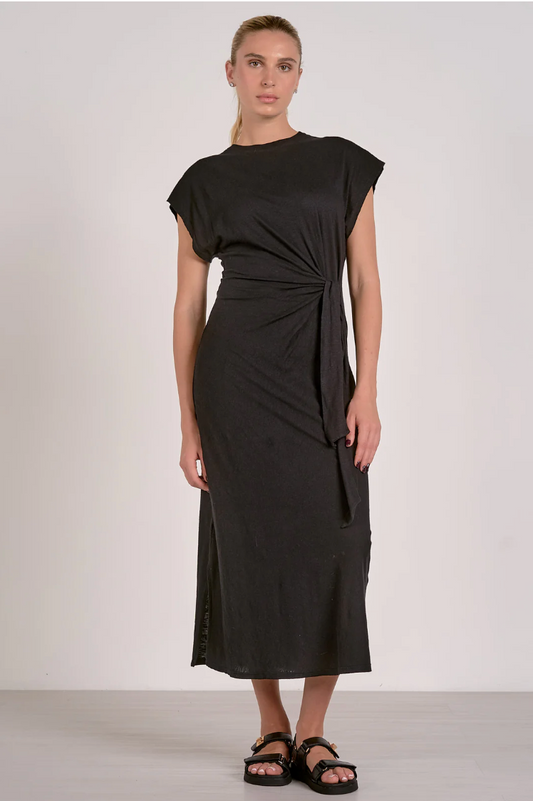 Black Cap Sleeve Midi Dress with Side Tie