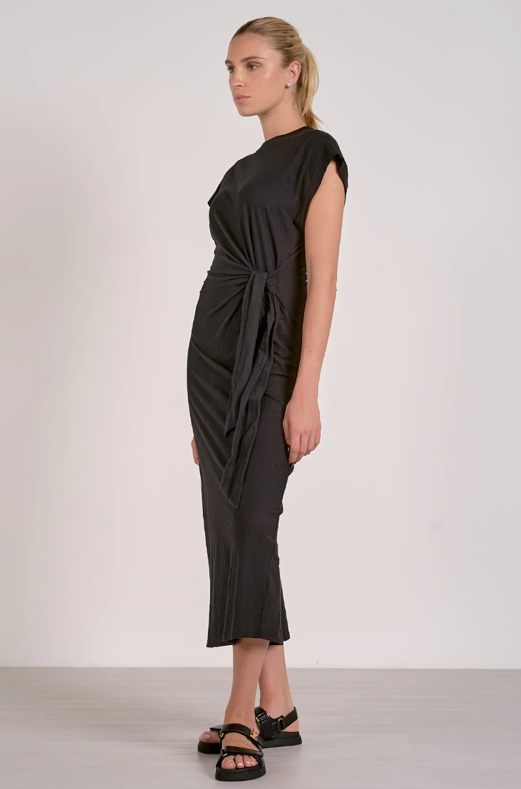 Black Cap Sleeve Midi Dress with Side Tie
