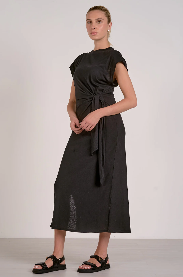 Black Cap Sleeve Midi Dress with Side Tie