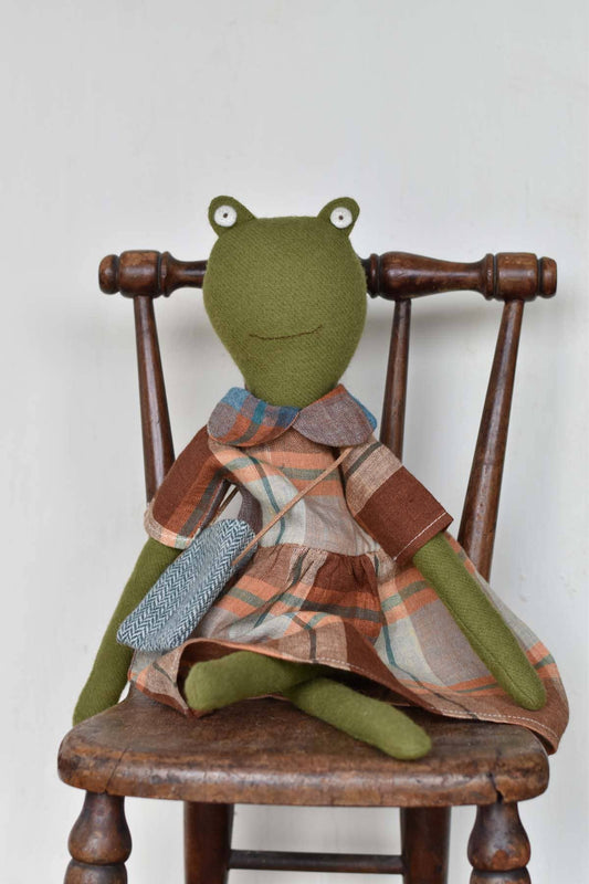 Fern the Frog doll-  Plaid Dress - Handmade Wool Doll
