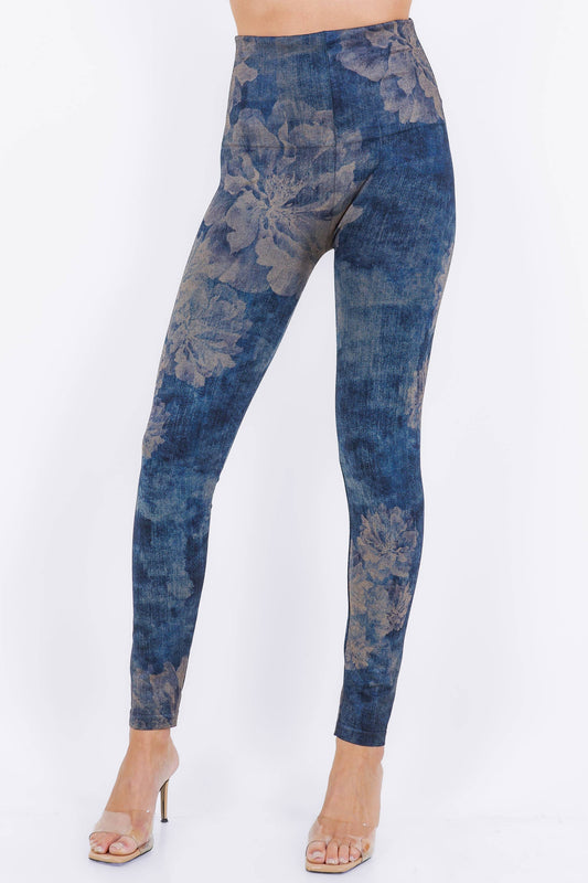 Reverse Dye Peonies on Denim Print Leggings (HP)