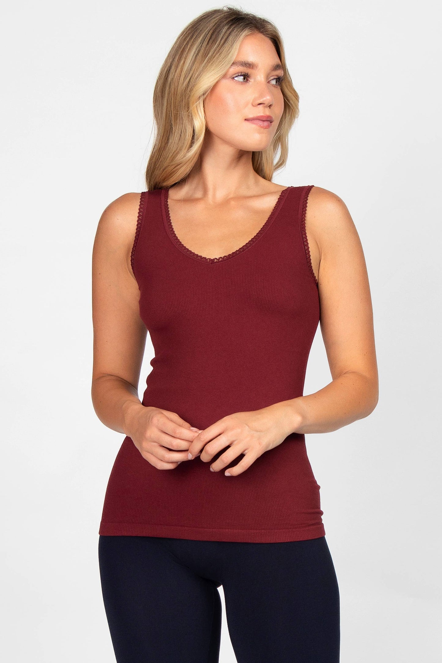 Ribbed Reversible V-Scoop Tank with Lace Trim