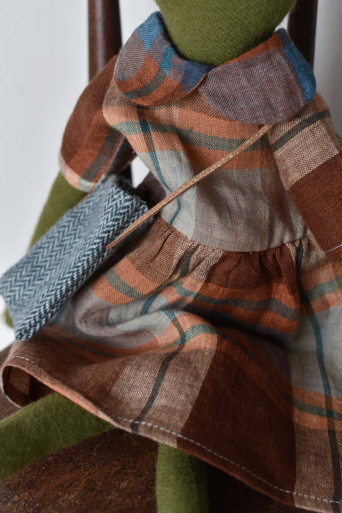 Fern the Frog doll-  Plaid Dress - Handmade Wool Doll