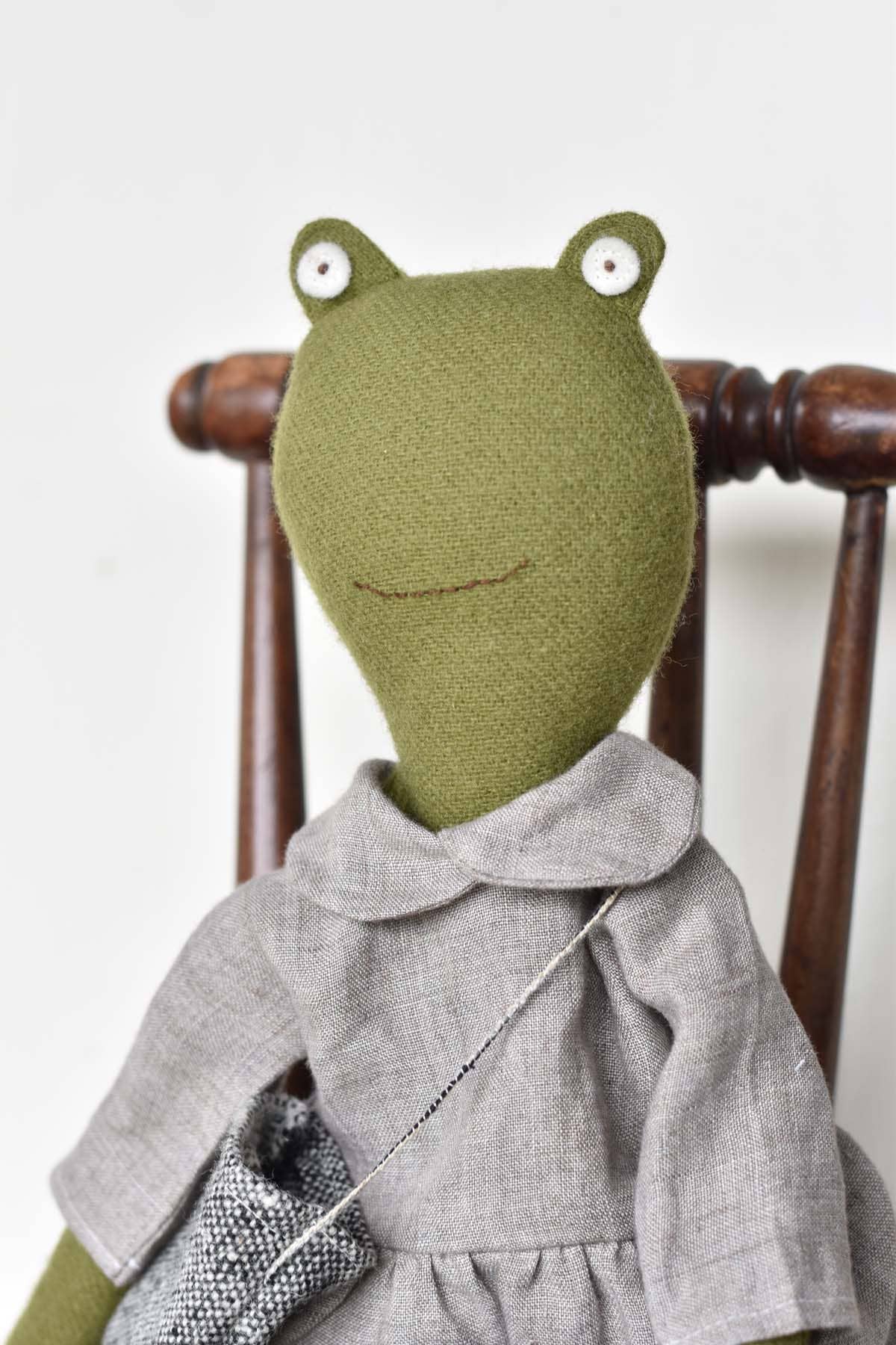 Fern the Frog doll-  Linen Dress - Handmade Wool Doll 