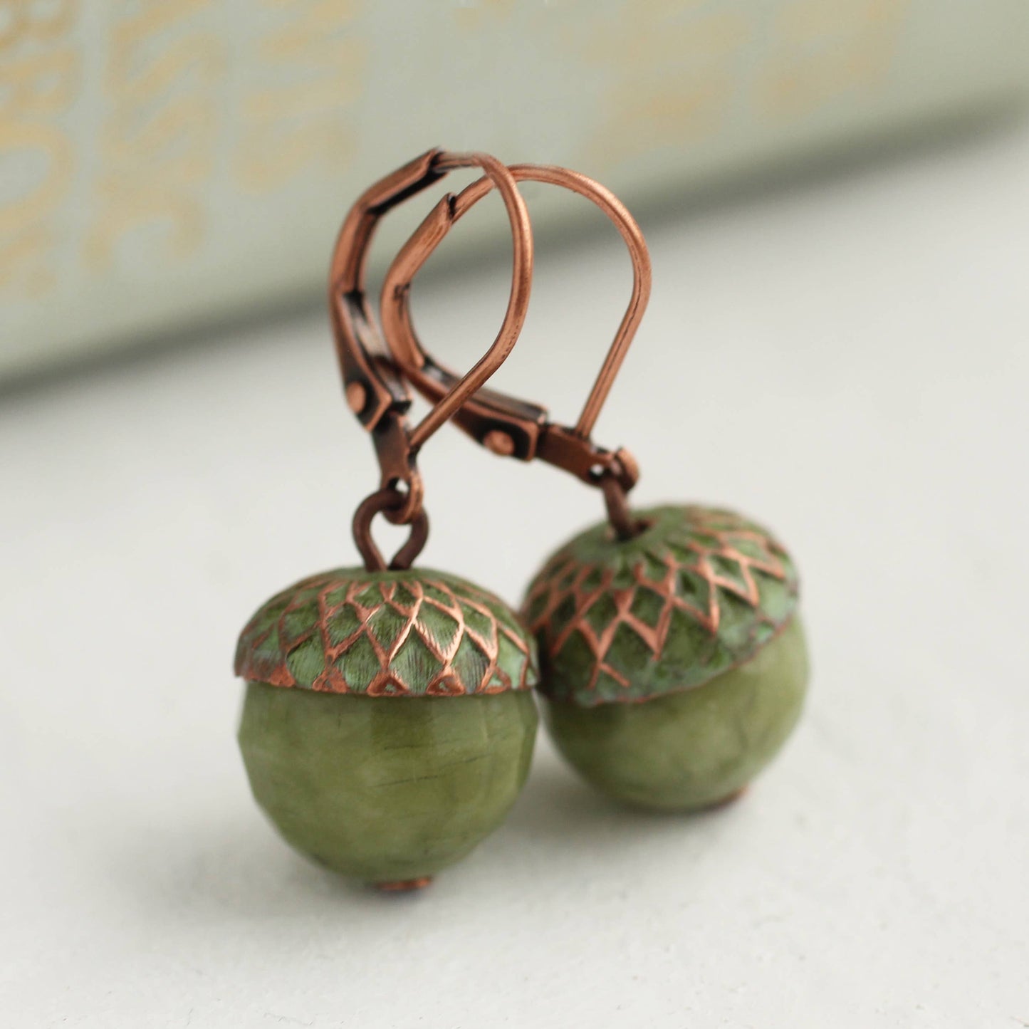 Olive Green Patina Acorn Earrings