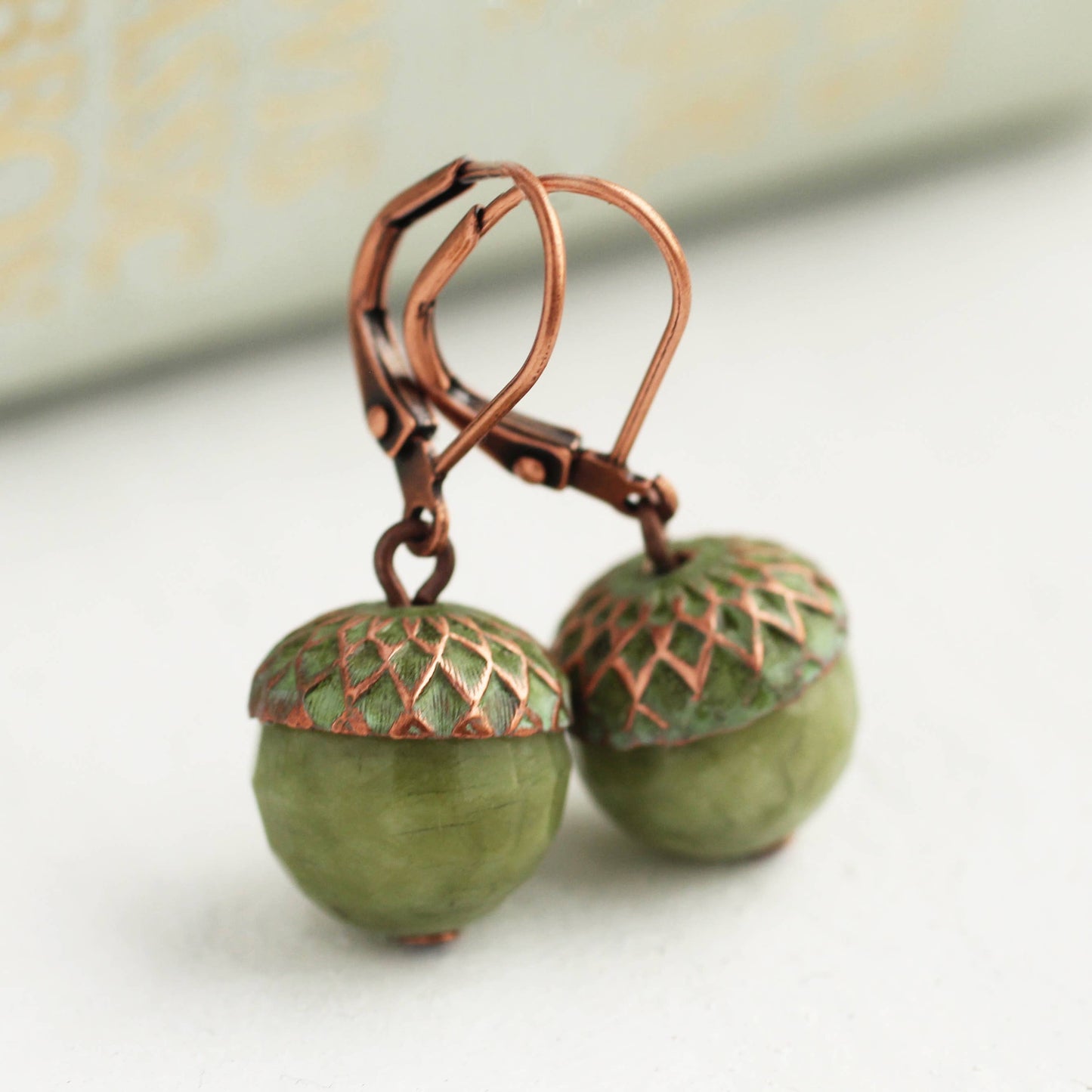 Olive Green Patina Acorn Earrings