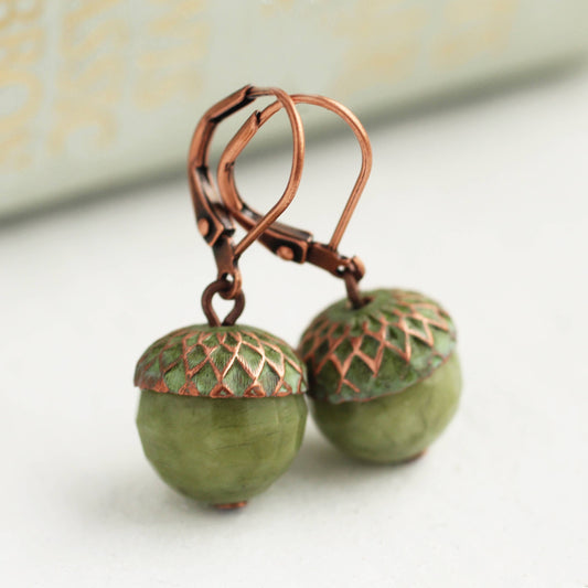 Olive Green Patina Acorn Earrings