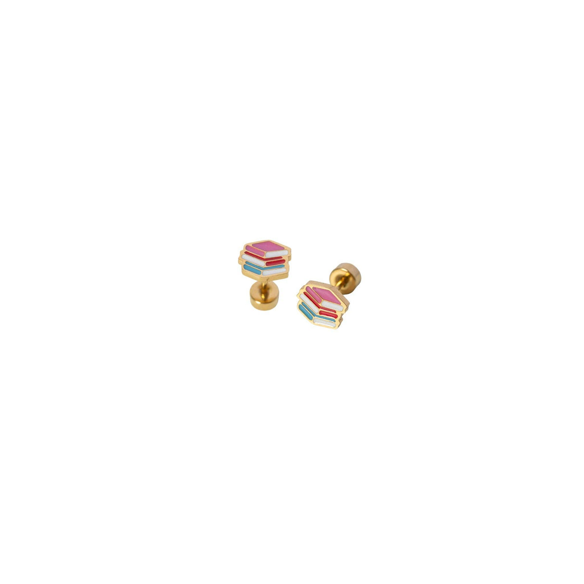 Stacked Books Stud Earrings- Hypoallergenic, Flat Back, Girl
