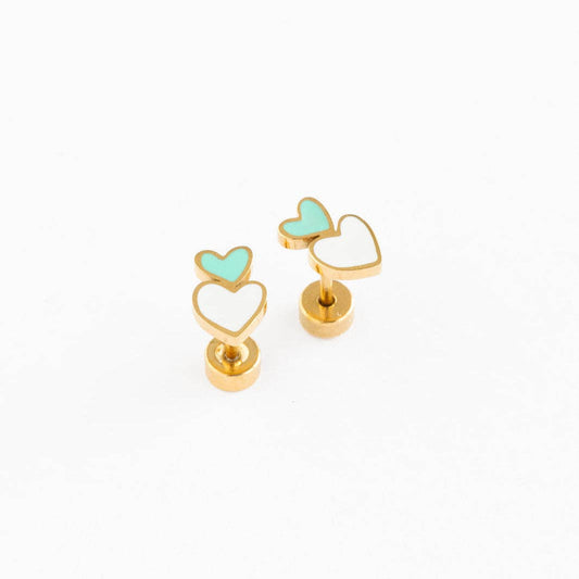 Heart Stack Stud Earrings - Hypoallergenic, Flat Back, Girl