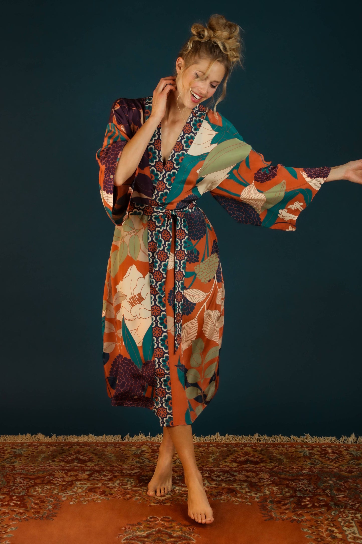 Luxe Winter Floral Kimono Gown - Terracotta