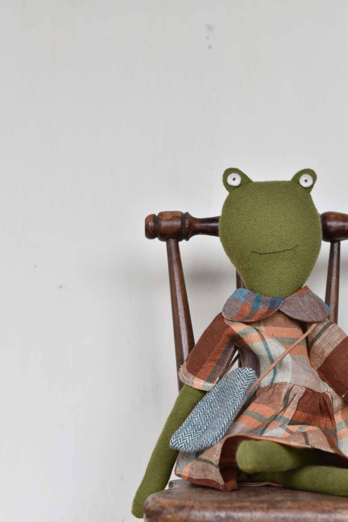 Fern the Frog doll-  Plaid Dress - Handmade Wool Doll