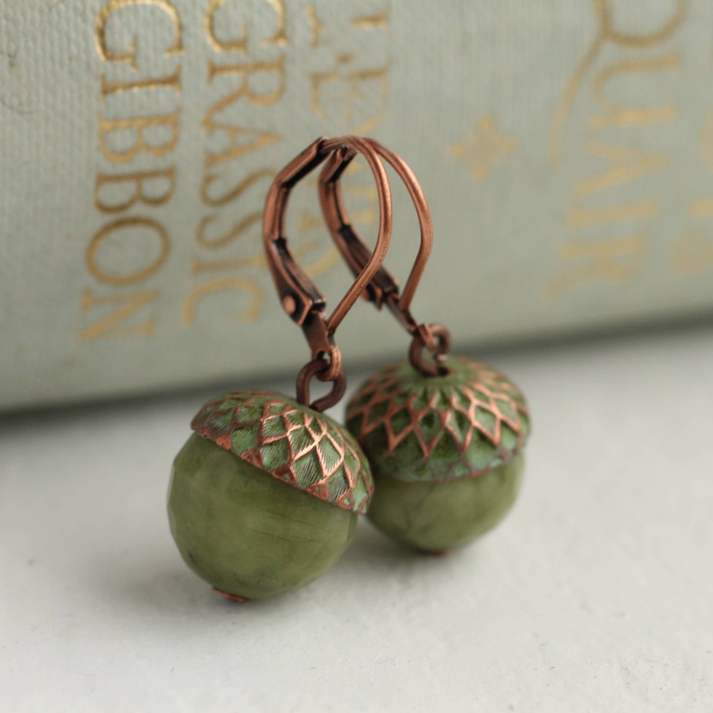 Olive Green Patina Acorn Earrings