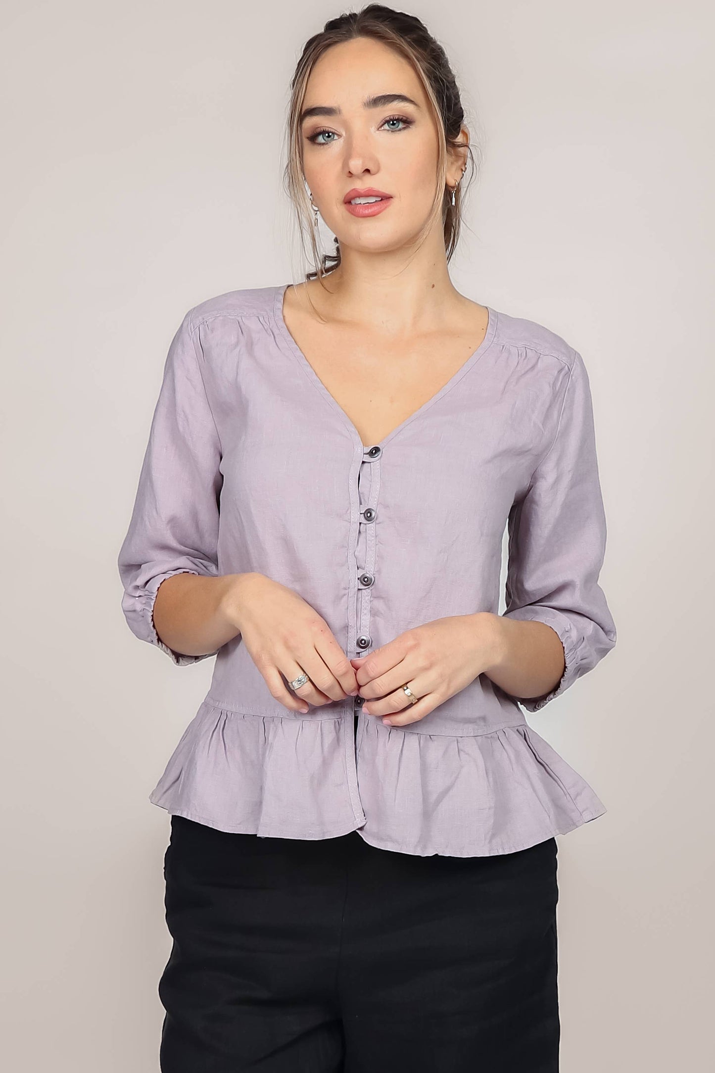 Peplum V-Neck Linen Blouse