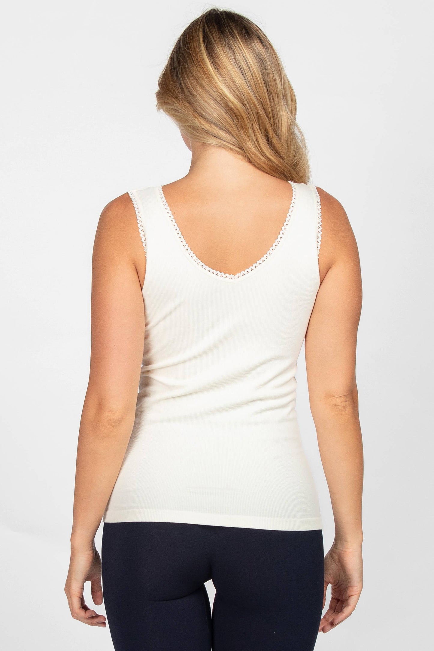 Ribbed Reversible V-Scoop Tank with Lace Trim