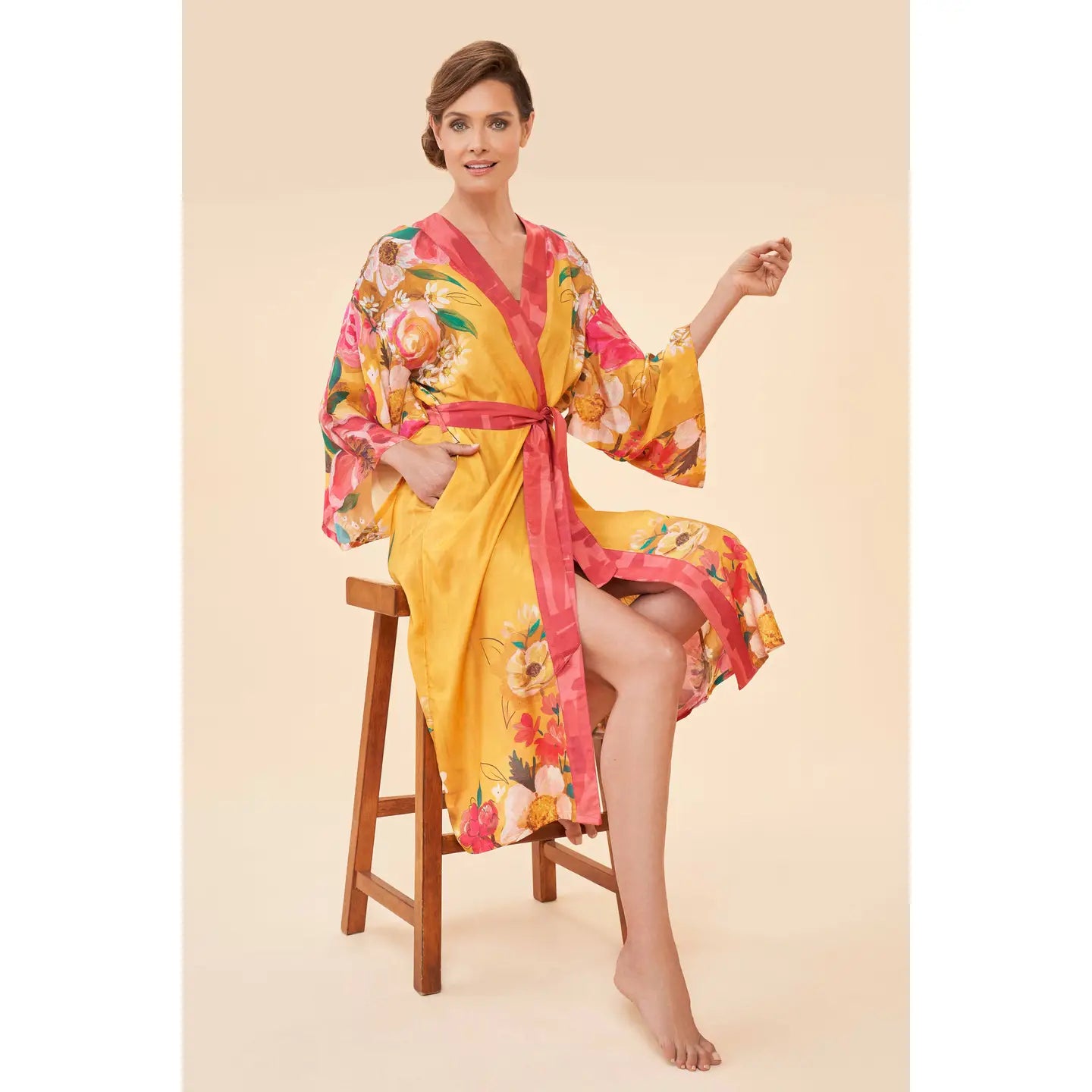 Distressed Floral Mustard Kimono Gown
