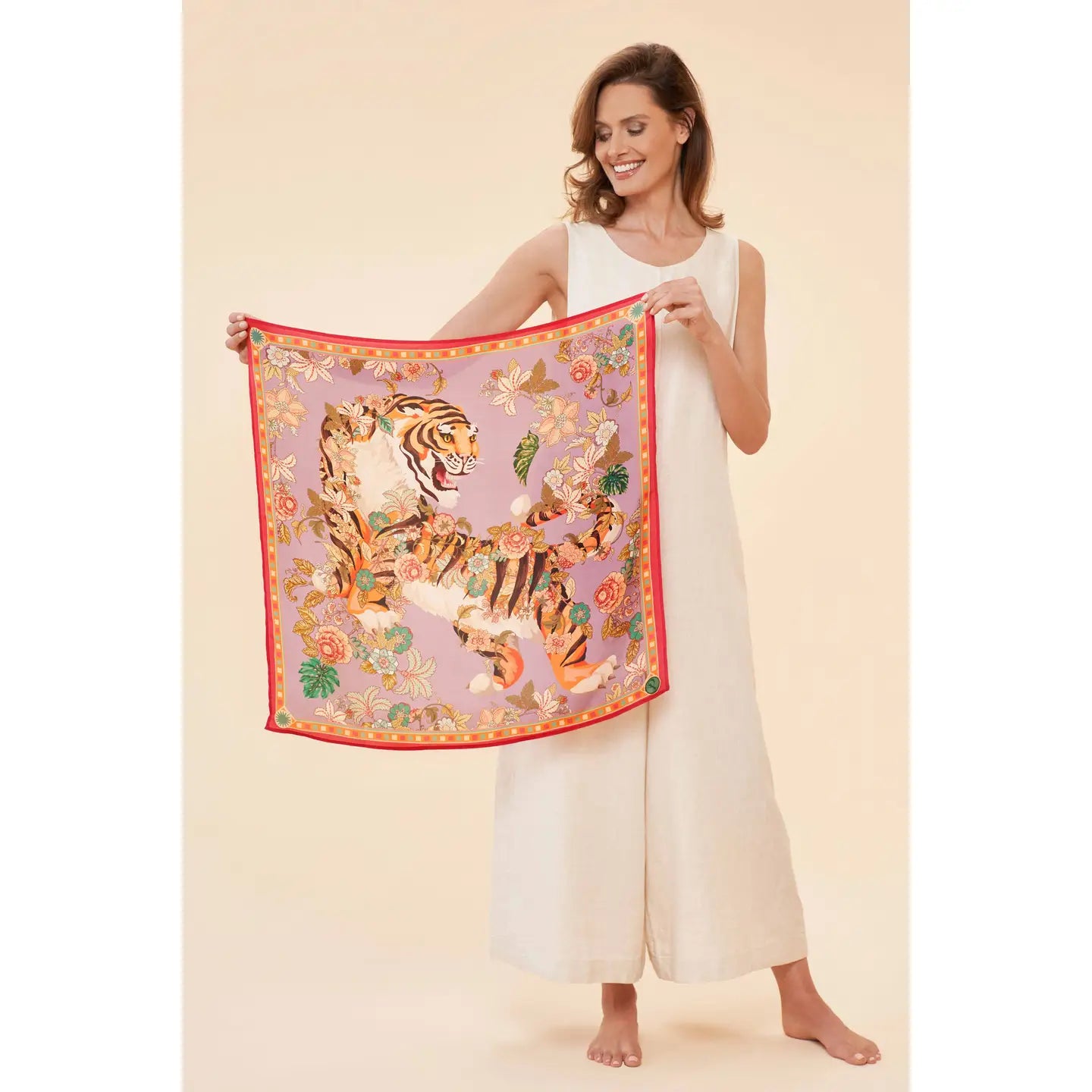 Prancing Tiger in Lilac Silk Square