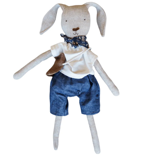 Ruthie the Rabbit – Handmade Wool Doll in Chambray Pants