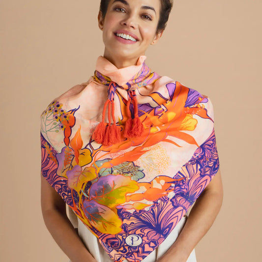 Tasseled Silk Tropical Hummingbird Scarf