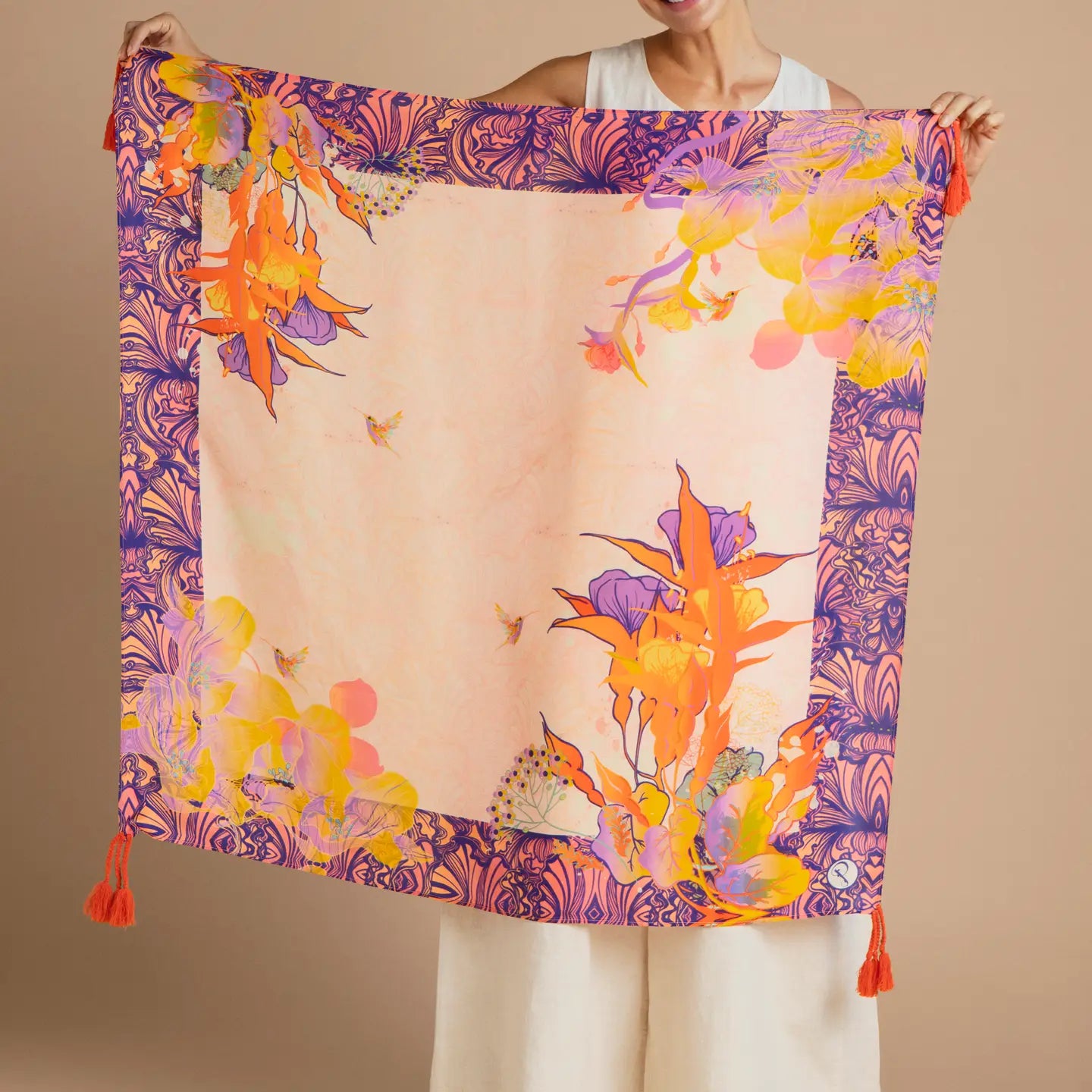 Tasseled Silk Tropical Hummingbird Scarf