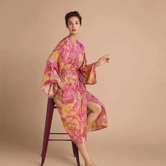 Tropical Toile Kimono Gown - Pineapple and Raspberry