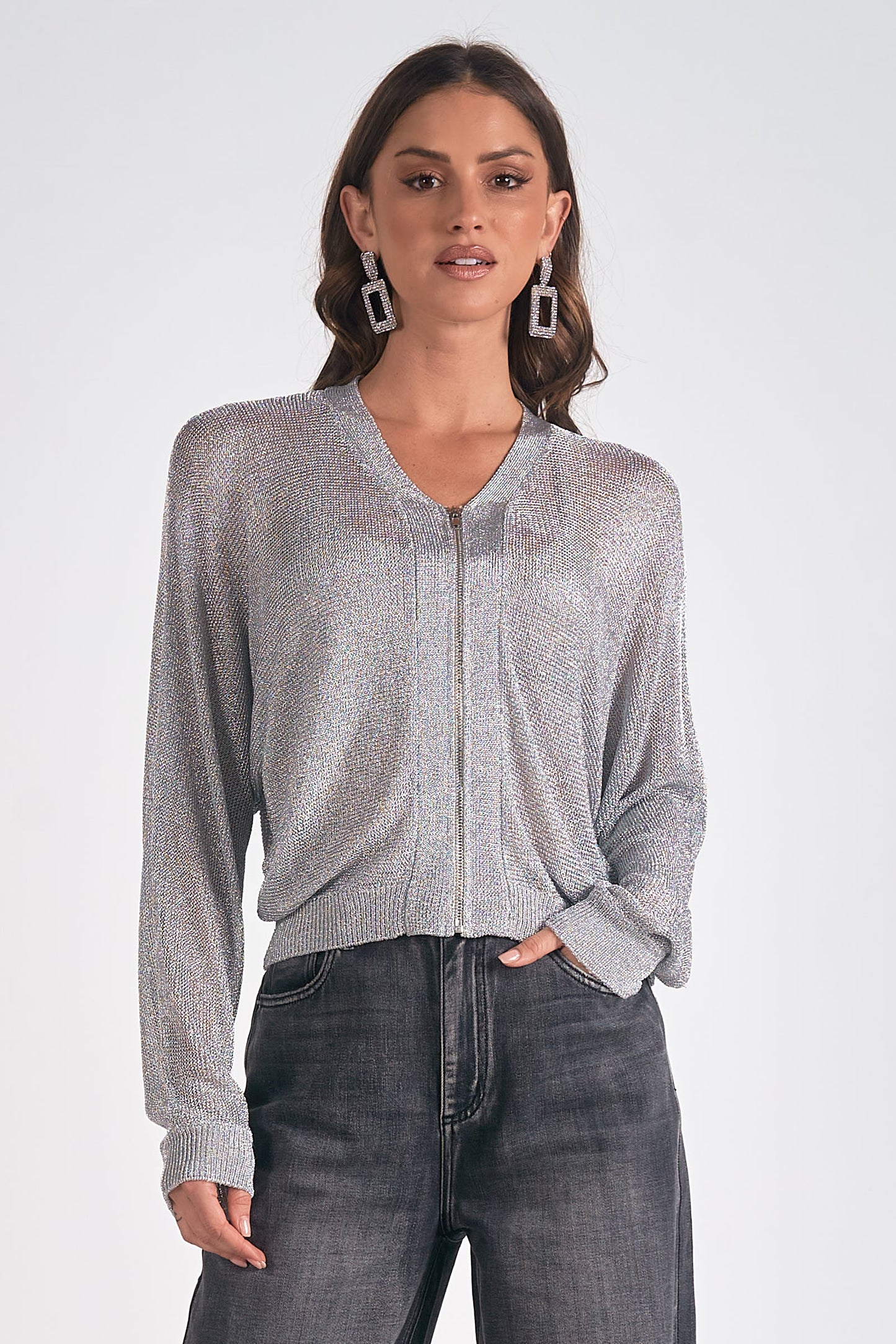 Metallic Zip Cardigan Sweater