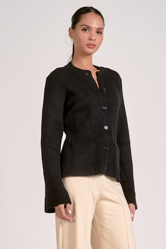 Elan Black Sweater Crewneck Flair Sleeve Button Up