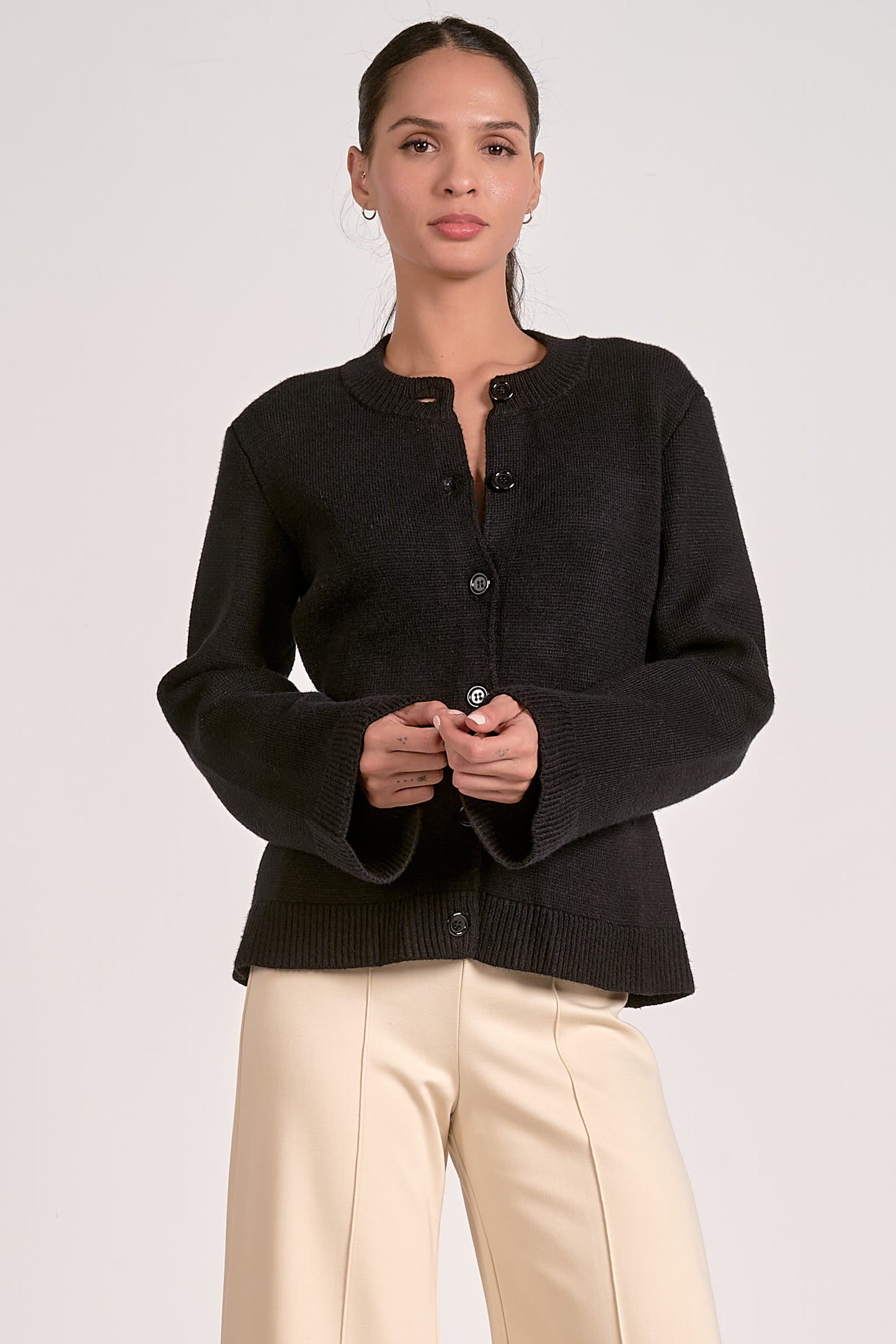 Elan Black Sweater Crewneck Flair Sleeve Button Up