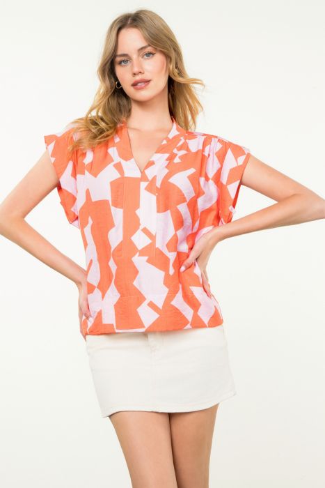 V-Neck Geometric Cap Sleeve T