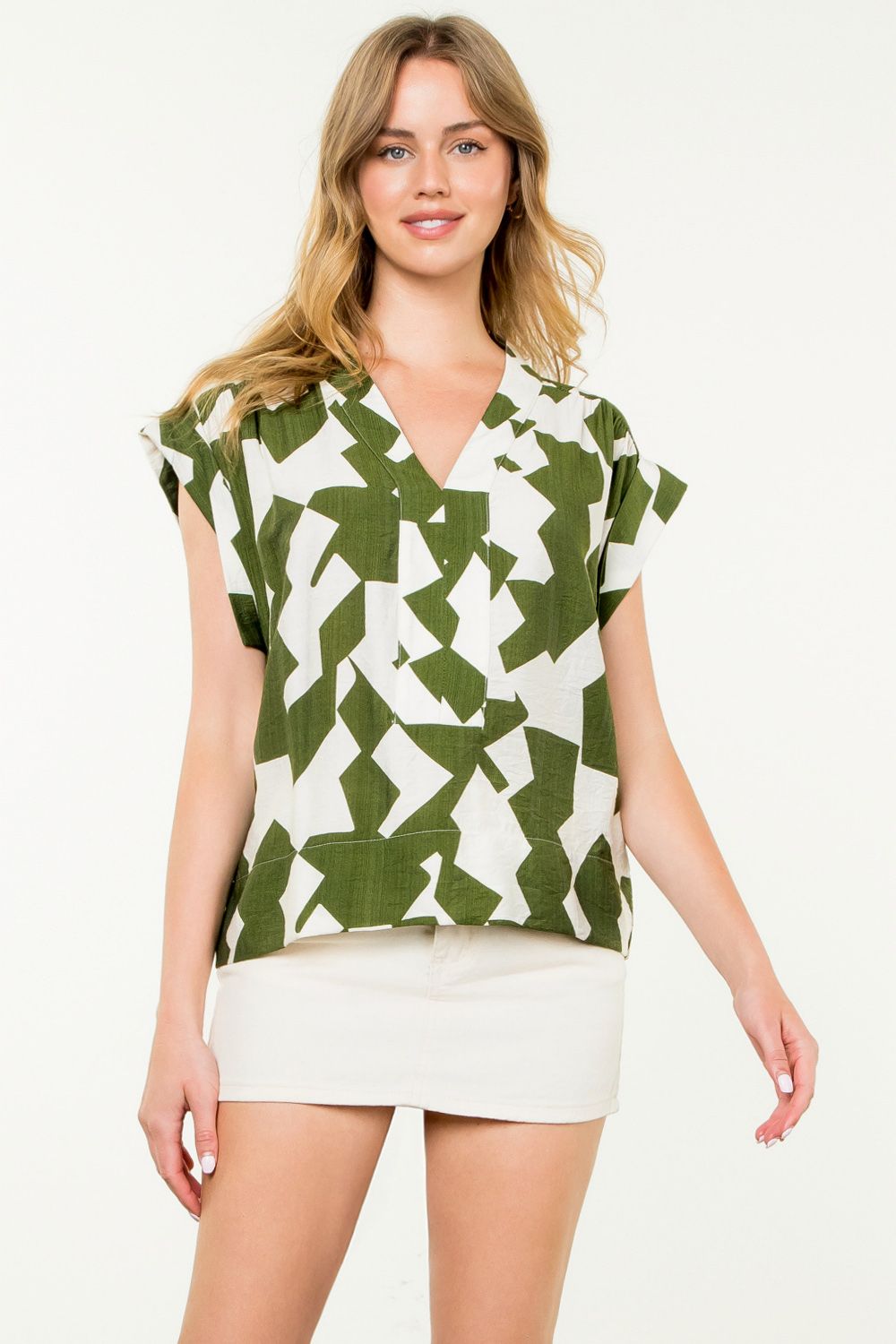 V-Neck Geometric Cap Sleeve T