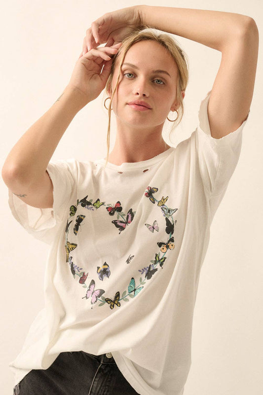 Butterfly Heart Round Neck Distress Graphic Tee